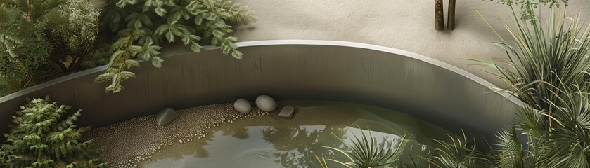 Overhead view of a large metal basin with water and greenery.