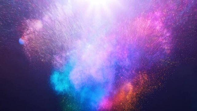 Vibrant powder explosion creating colorful cloud with dramatic lighting effects against dark background. Ideal for creative projects, special effects, and artistic content