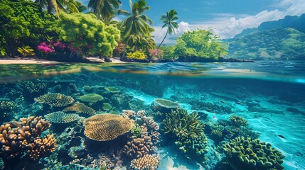 Tropical shore with coral reefs visible through clear