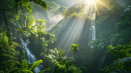 Tropical forest with dense vegetation and waterfalls hidden