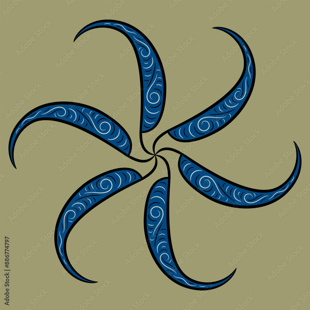 Wall mural round spiral decorative element in star shape with medieval illuminated manuscript motifs. black and