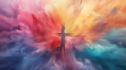 A colorful explosion of light and color with a cross in the middle