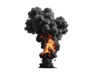 Explosive with dark smoke clouds and vibrant flames on a transparent background. Powerful explosion with black smoke, explosion with intense smoke and flames