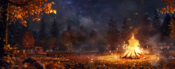 A cozy autumn evening with a bonfire, friends gathered around, roasting marshmallows, and sharing