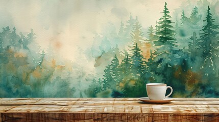 Tranquil Forest Product Presentation on Remote Wooden Podium Table with Coffee Cup - Peaceful Watercolor Background for Marketing Concepts