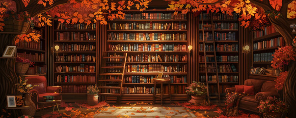 A cozy autumn bookshop with warm lighting, shelves filled with books, and a comfy reading nook for