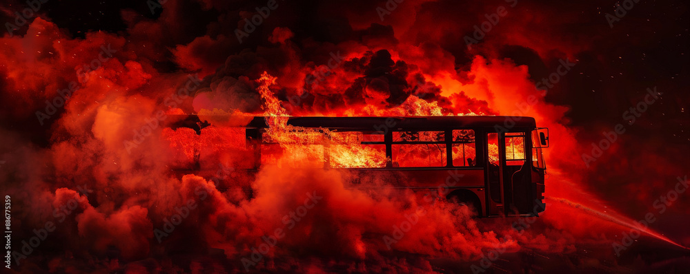 Wall mural a bus engulfed in flames and smoke, isolated on a gradient background transitioning from black to