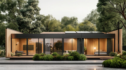 A modern home with a large glass front door and a large window