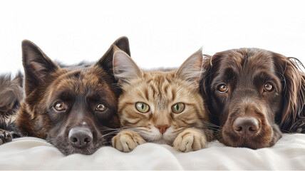 Naklejka premium Adorable trío de mascotas: Dos perros y un gato mirando a cámara con ternura. Amistad animal en fondo blanco. Compañerismo entre especies
