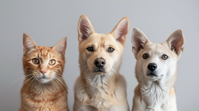 Retrato de un gato naranja y dos perros mestizos con fondo neutro, destacando la belleza y diversidad de las mascotas en una imagen de estudio profesional, ideal para publicidad y dise&ntilde;o gr&aacute;fico