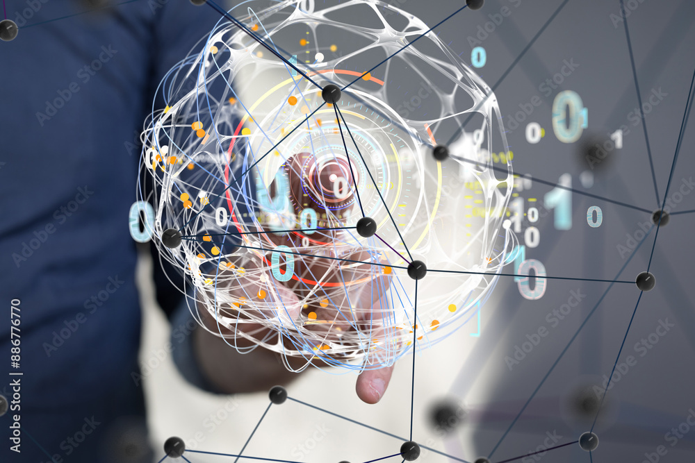 Poster network holding in hand 3d connection data