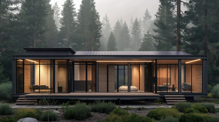 A modern home with a large glass front door and a large window