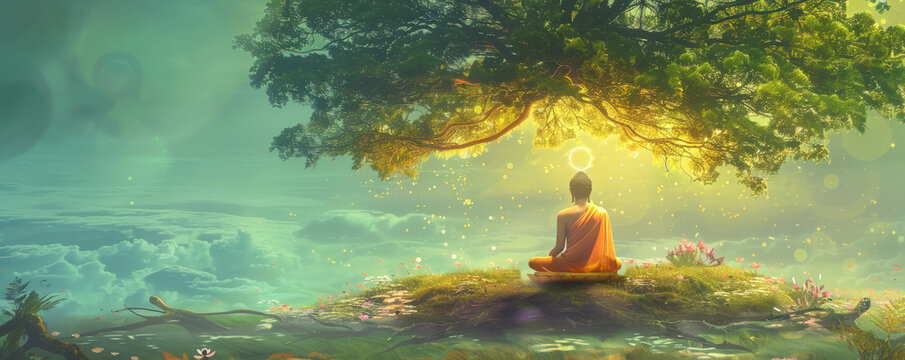 A peaceful scene of Lord Buddha meditating under the Bodhi tree, with a gentle smile and a halo around his head. The background features the serene landscape of Bodh Gaya, symbolizing enlightenment