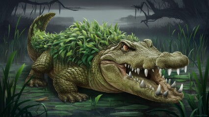 Obraz premium A large alligator with grass growing out of its mouth, AI