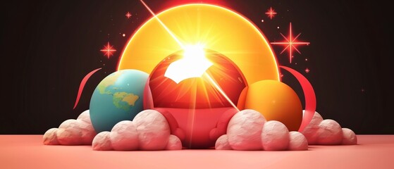 Fototapeta premium Neon Retro Digital Illustration of Summer Solstice Abstract Shapes, Bright Sun, Futuristic Vibe