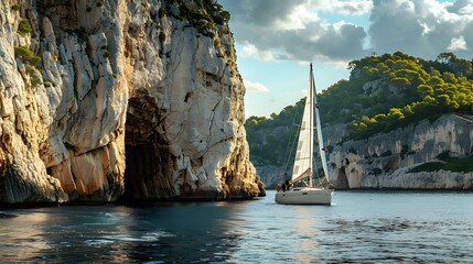 A yacht sailing along the coast where picturesque img