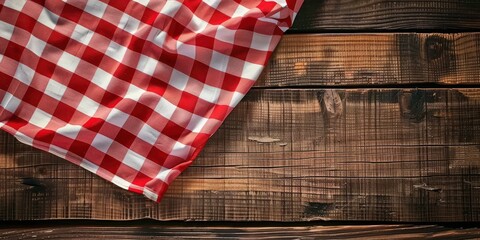 Obraz premium Red and White Checkered Tablecloth on Rustic Wooden Background