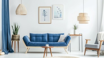 blue sofa and curtains take center stage in this modern interior design with armchair and table wooden accessories and posters on white wall home decor ideas
