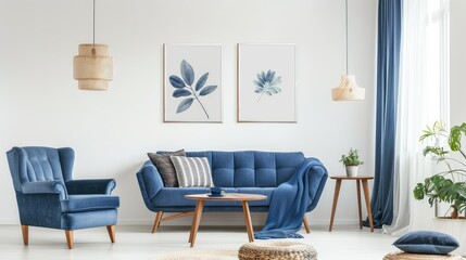 wooden accessories and posters on white wall add a touch of elegance to this modern interior design with blue sofa and curtains armchair and table home decor inspiration