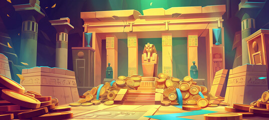 Egypt pyramid interior with mummy, pile of golden coins, game background, Illustration
