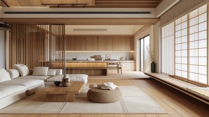 minimalist kitchen and living room design with modern japanese twist sleek tatami mats plush rugs light wood earthy ceramics and hidden shoji screens
