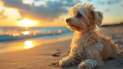 Cute fluffy dog gazing at a beautiful sunset on the beach, capturing a serene and tranquil moment.