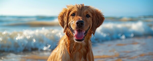Fluffy dog with wet fur after a swim, Beach cute dog, playful and refreshing