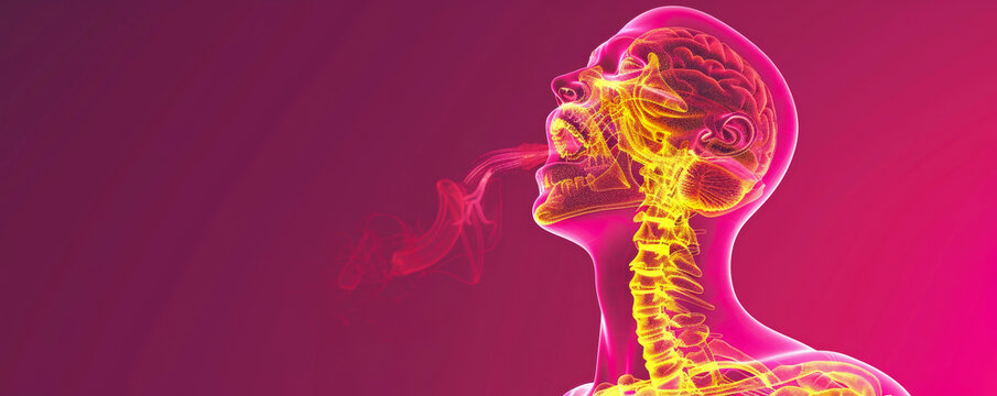 Create a detailed and visually striking image of the human gustatory system, focusing on the tongue and taste buds. Use a transparent upper torso outline with semi-transparent pink and yellow