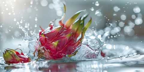 Pink dragonfruit splashing in water isolated on light background with waterdrops. Concept Food Photography, Fresh Fruits, Unique Ingredients, Creative Presentation, Vibrant Colors