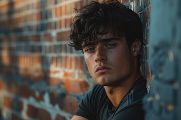 A young man leans against a brick wall in an urban setting, staring blankly into the distance with a somber expression. The shadows cast by the surrounding buildings add to the feeling of loneliness