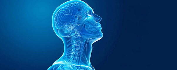 A detailed and visually striking image of the human vestibular system, focusing on the inner ear and semicircular canals. Use a transparent upper torso outline with semi-transparent blue and