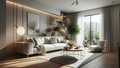 a living interior with white sofa and coffee table