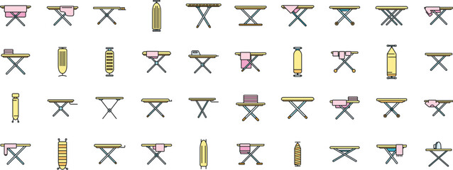 Ironing board icons set outline vector. Cloth domestic. Fabric clothes thin line color flat on white