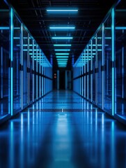 Fototapeta premium Blue neon lights illuminate a long hallway of server racks in a modern data center.