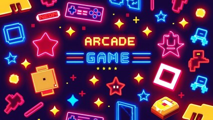 s arcade game pixelated neon elements like stars sha Retro neon background theme