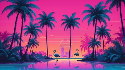 Gordijnen Roze miami vice miami viceinspired background with neon pal Retro neon background theme  © Lzanne Studio