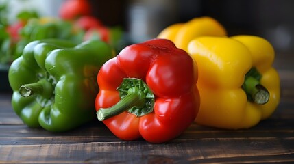 Red, green and yellow sweet bell peppers on table, close up. 