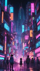 neon anime animeinspired scene with neoncolored charac Retro neon background theme