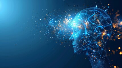 Artificial intelligence and modern technology concept. Glowing blue human face on a dark background. AI learning, virtual data network and cybersecurity.