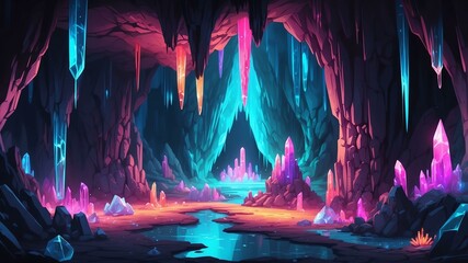 neon crystal cave underground cave with glowing neon c Retro neon background theme