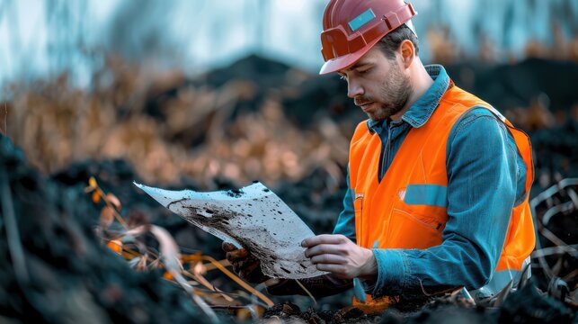 A man in an orange vest is reading a piece of paper while standing in a field