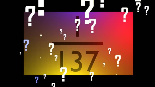 6 seconds of fine structure constant 1/ 137 with colourful backplate and black background with question marks flying out hd video 1920 1080 animation motion graphics 