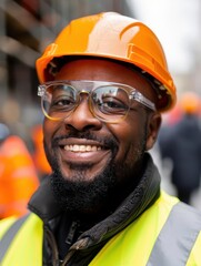 Smiling construction worker wearing hard hat and safety vest.