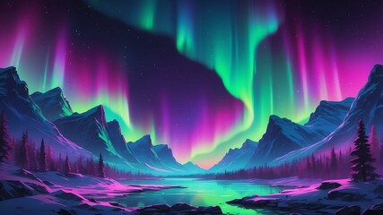 Fototapeta premium neon northern lights aurora borealis in neon colors da Retro neon background theme
