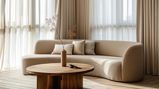 japandi style modern living room with stylish curved sofa and wooden coffee table near window dressed with beige curtains minimalist home interior design photography