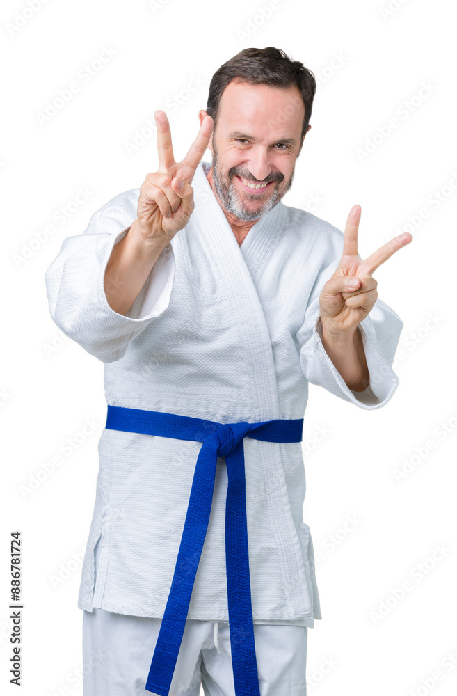 Wall mural Handsome middle age senior man wearing kimono uniform over isolated background smiling looking to the camera showing fingers doing victory sign. Number two.