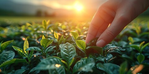 Fototapeta premium green tea leaf in hand on background of mountains. Harvesting tea by farmer hand