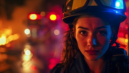 Portrait of a female firefighter confidently leading a rescue operation, with emergency lights