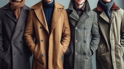 Elegant men’s coats in different styles and colors for winter wear.