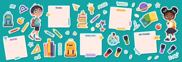 Set of school supplies stickers with back to school concept, educational stickers. Cute school children, notes, plans, to do list, books. Vector cartoon stickers for print, cards, stationery